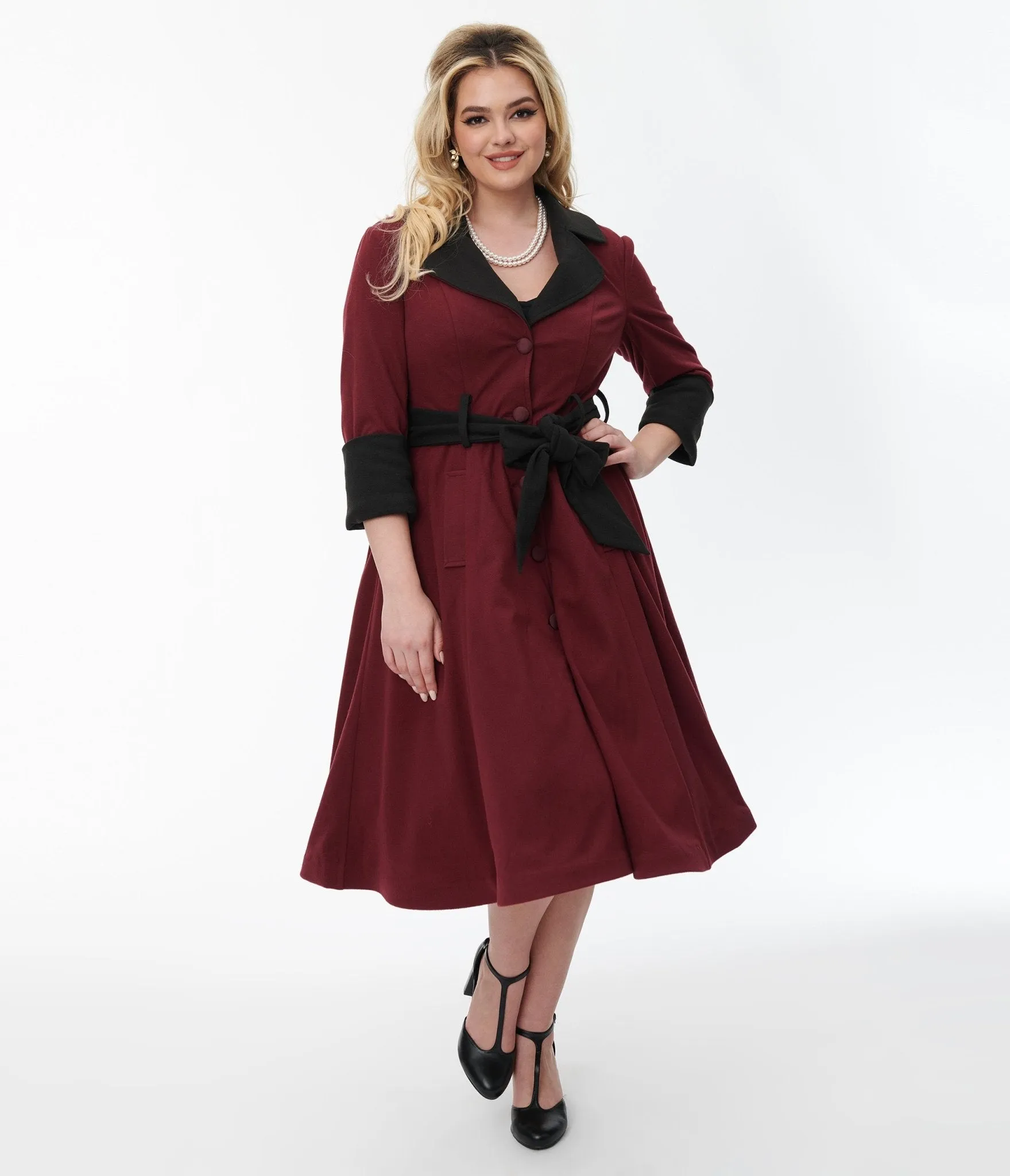 Unique Vintage Burgundy & Black Swing Coat Easy Date Night