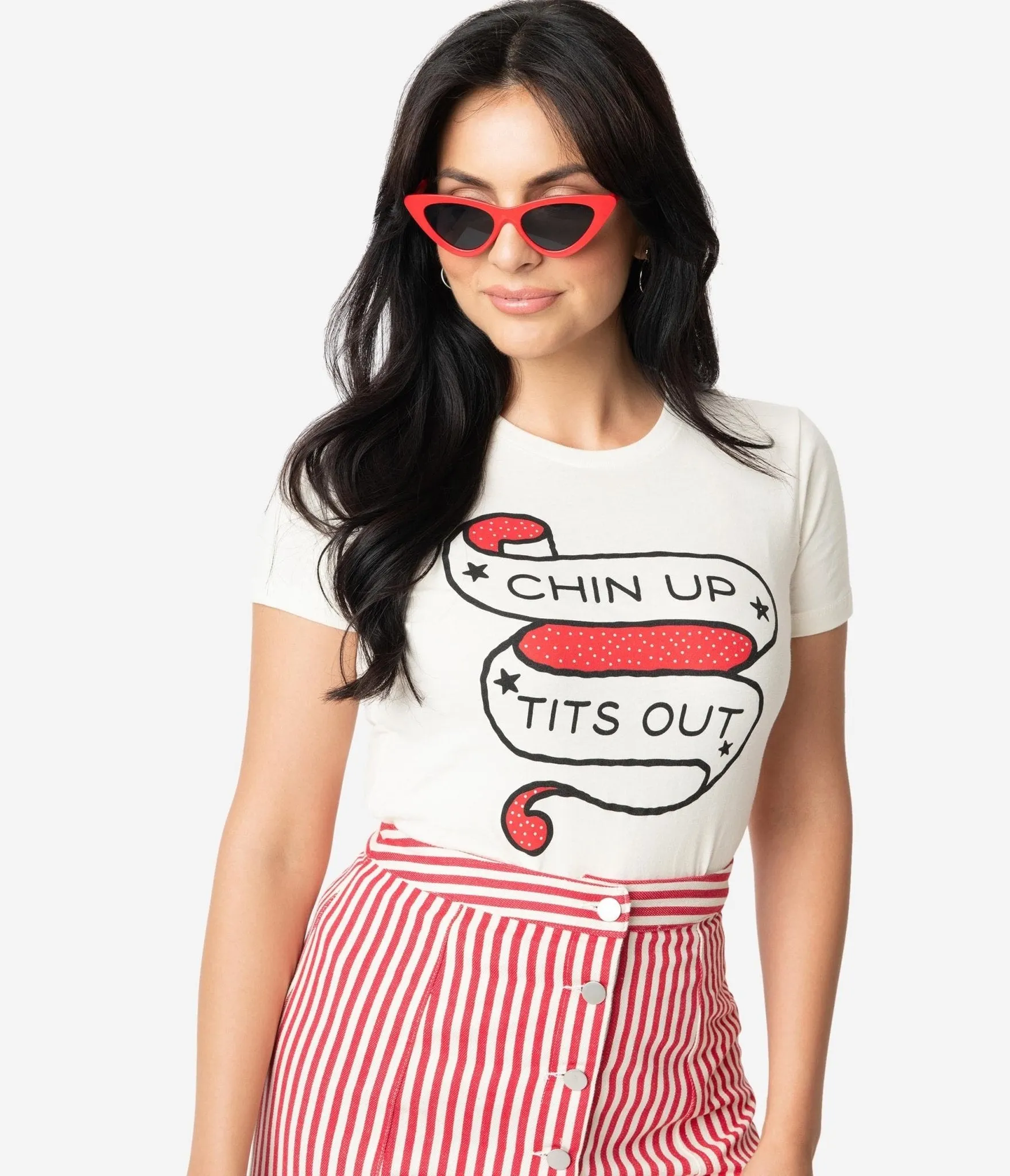 Unique Vintage Cream Chin Up Tits Out Womens Tee Easy Date Night