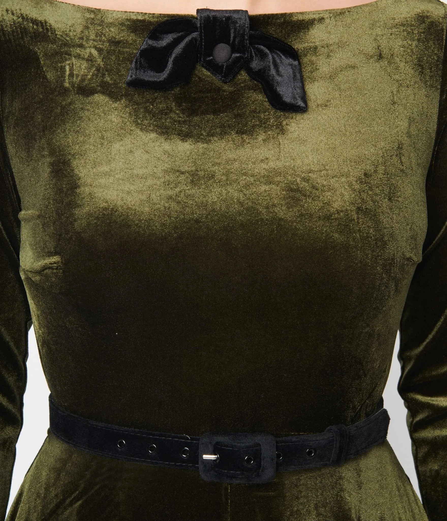 Unique Vintage Deep Olive Green Velvet Faux Bow Devon Swing Dress Casual Everyday Look