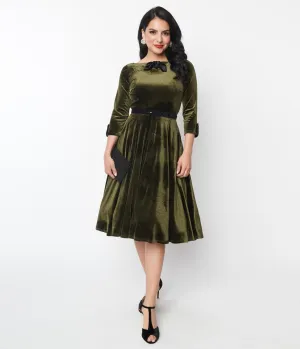 Unique Vintage Deep Olive Green Velvet Faux Bow Devon Swing Dress Casual Everyday Look