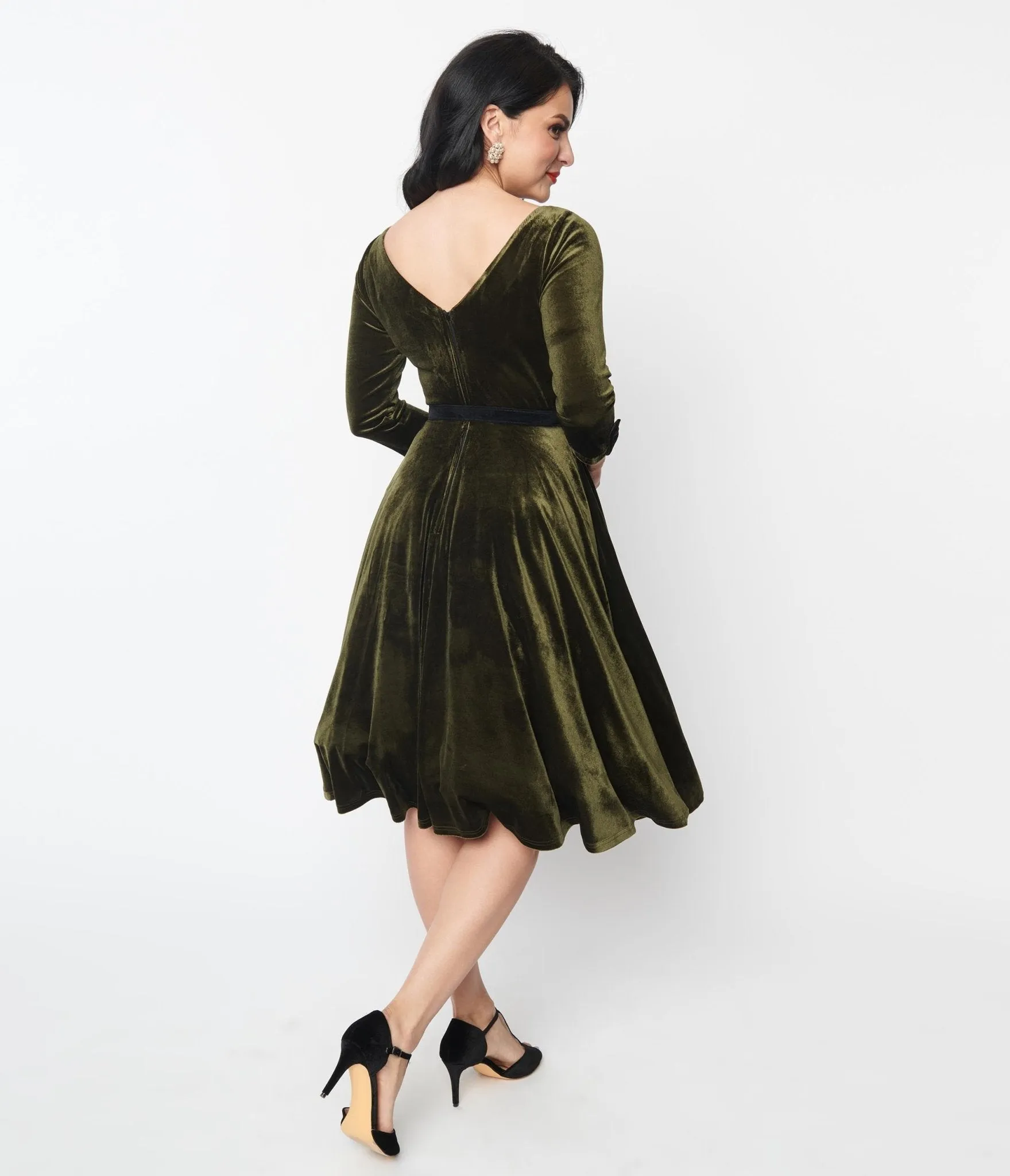 Unique Vintage Deep Olive Green Velvet Faux Bow Devon Swing Dress Casual Everyday Look