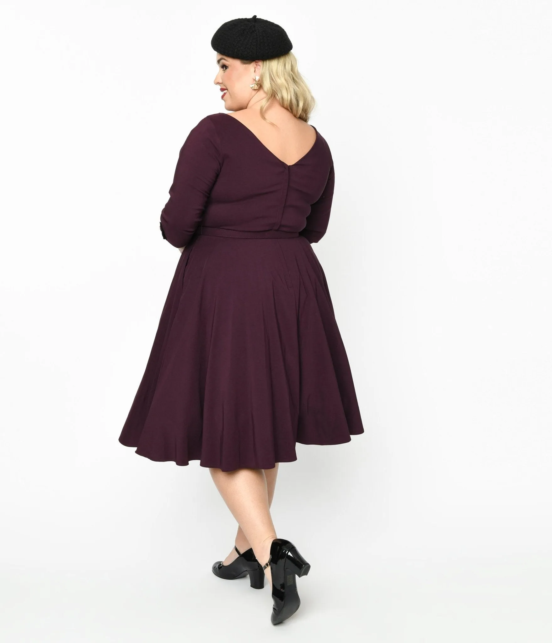 Unique Vintage Eggplant Faux Bow Devon Swing Dress Casual Everyday Look
