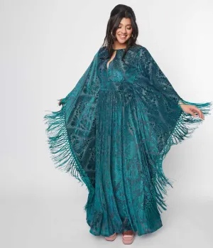 Unique Vintage Emerald Floral Fringe Flutter Sleeve Caftan Casual Everyday Look