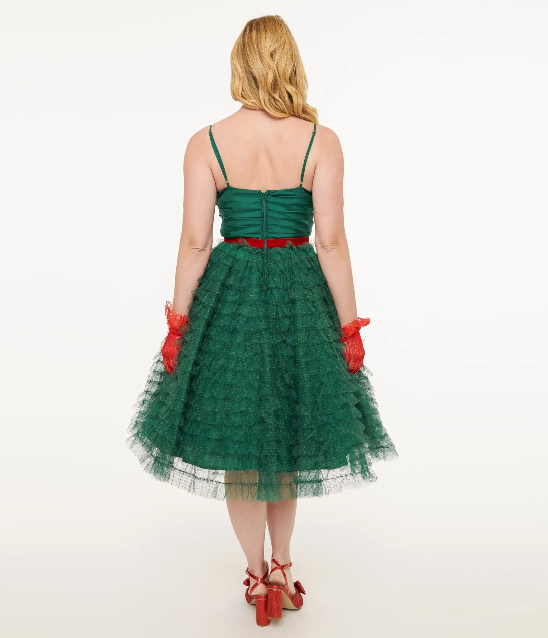 Unique Vintage Emerald Green & Red Ribbon Tulle Cupcake Swing Dress Casual Everyday Look