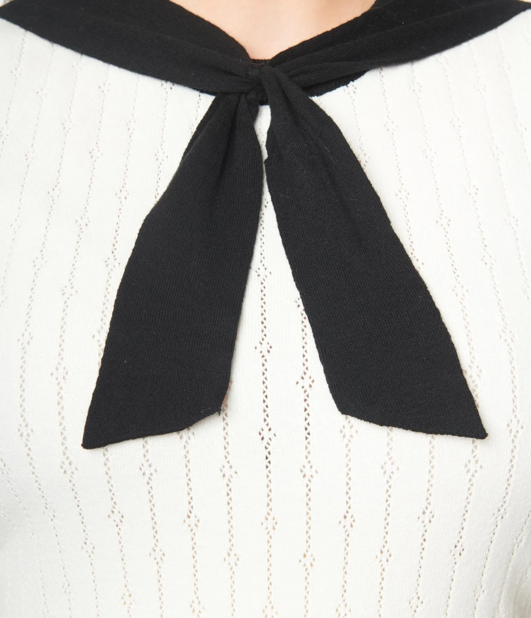 Unique Vintage Ivory & Black Neck Tie Park City Sweater Easy Date Night