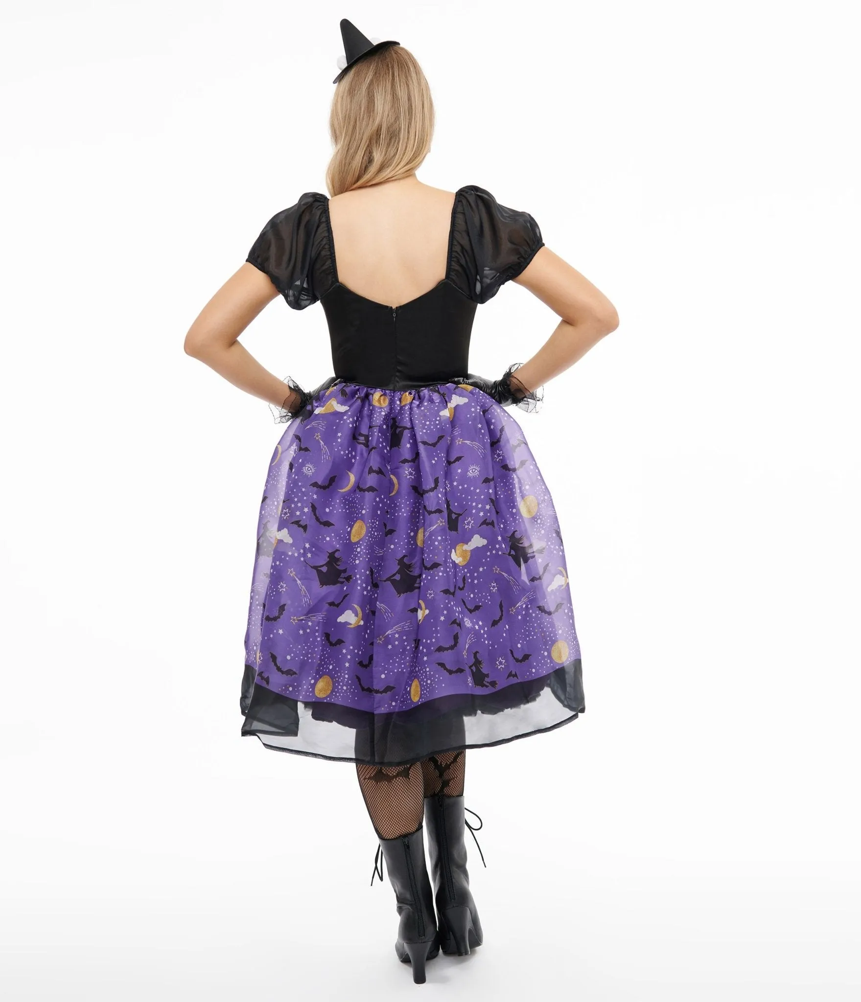 Unique Vintage Light Up 1950s Black & Purple Witch Swing Dress Casual Everyday Look