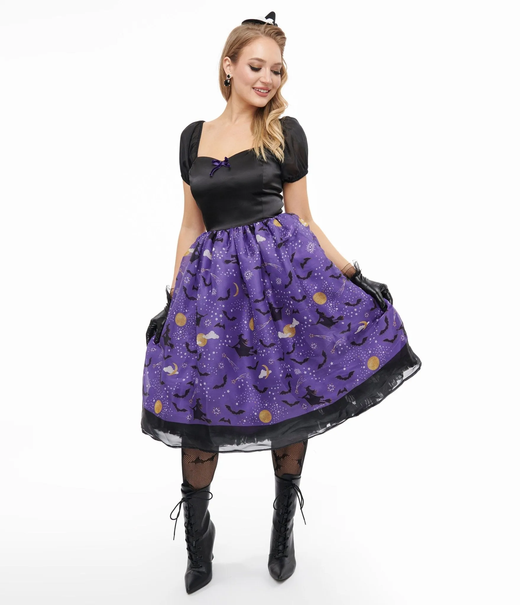 Unique Vintage Light Up 1950s Black & Purple Witch Swing Dress Casual Everyday Look