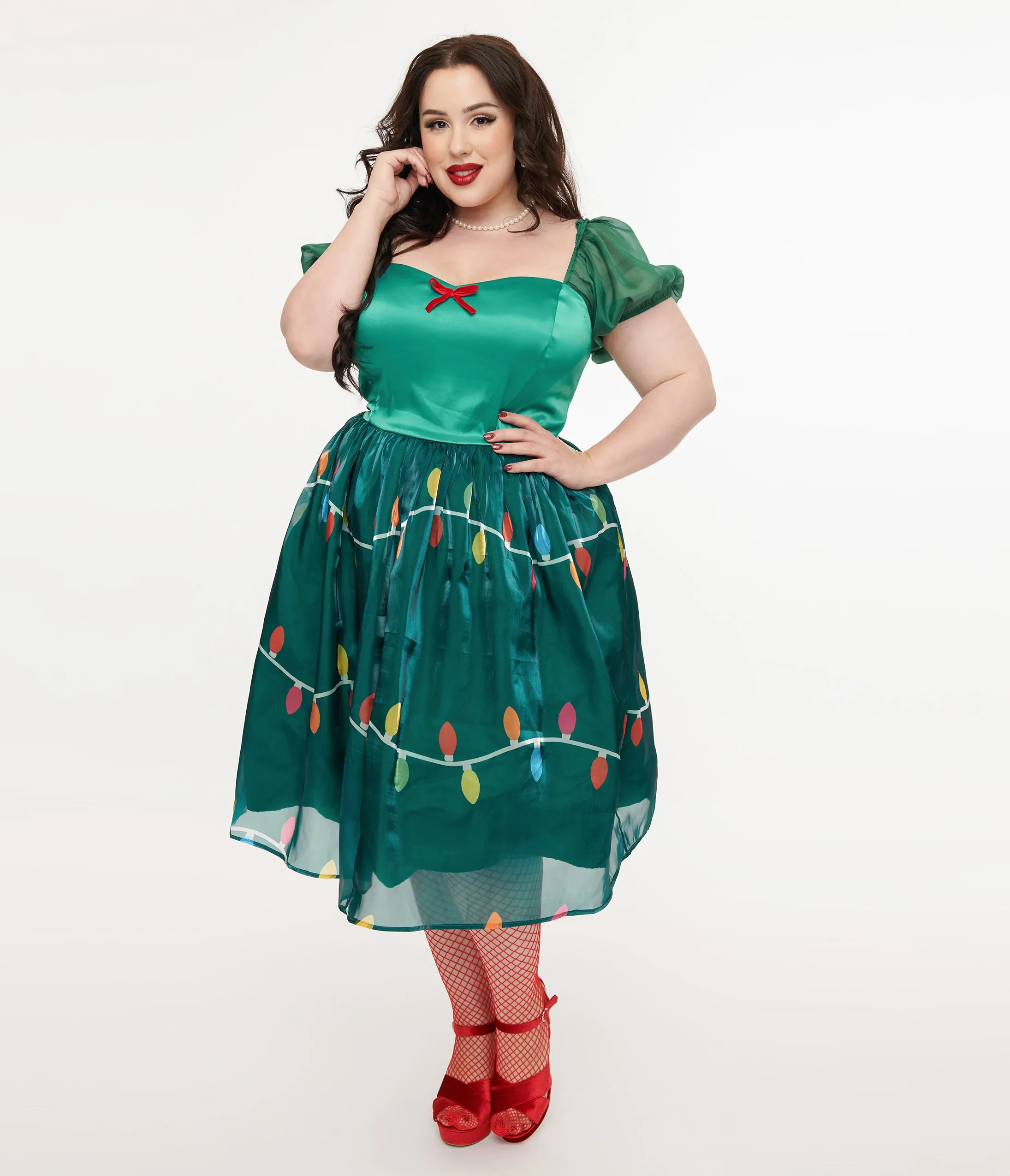 Unique Vintage Light Up Plus Size 1950s Green Christmas Lights Print Sweetheart Dress Casual Everyday Look