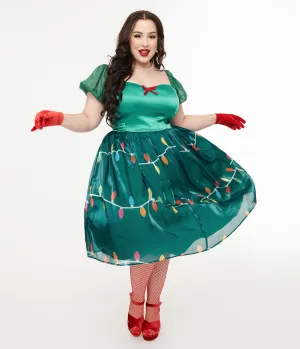 Unique Vintage Light Up Plus Size 1950s Green Christmas Lights Print Sweetheart Dress Casual Everyday Look