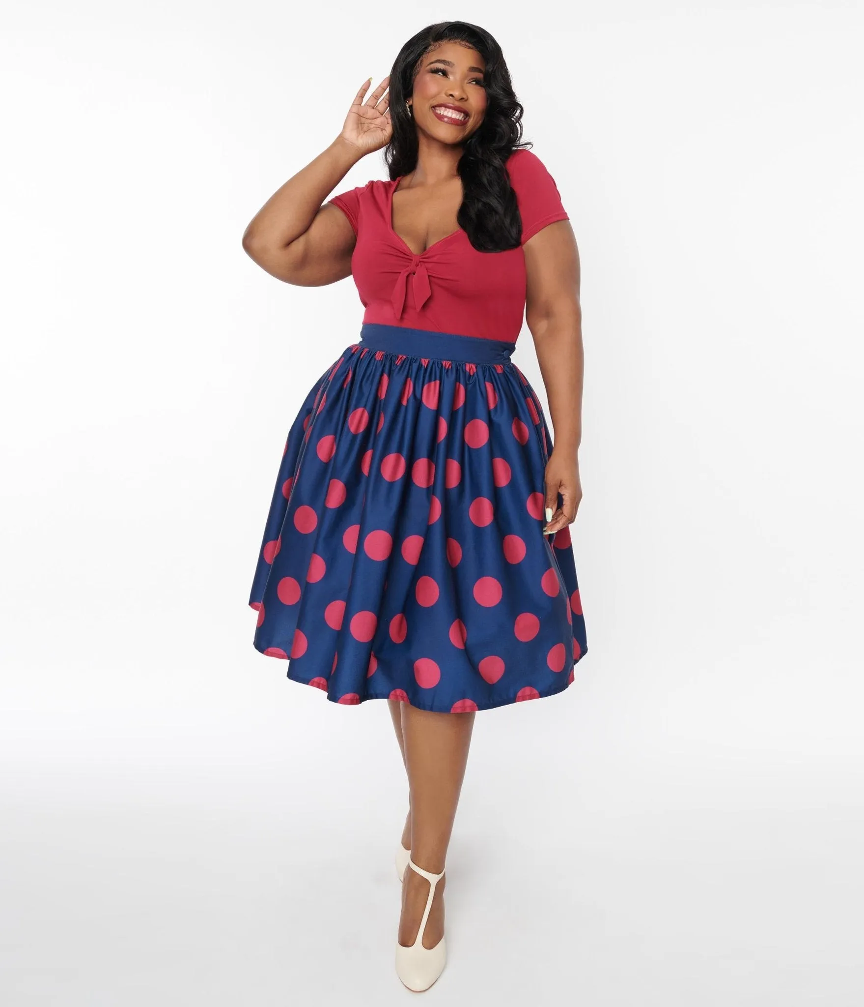Unique Vintage Navy & Berry Polka Dot Gellar Swing Skirt Comfortable Travel Wear