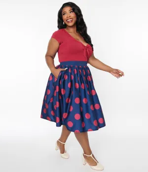 Unique Vintage Navy & Berry Polka Dot Gellar Swing Skirt Comfortable Travel Wear