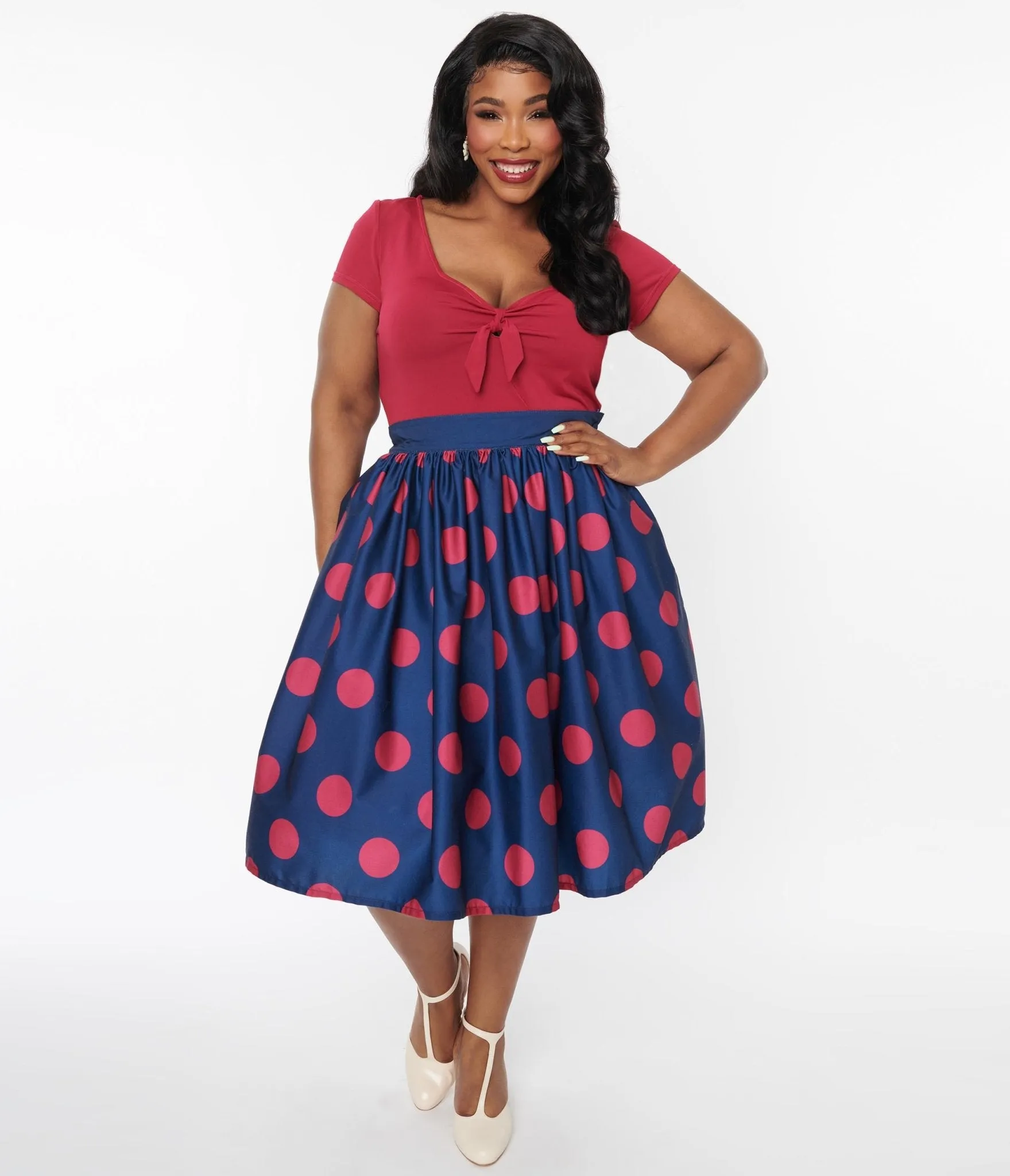 Unique Vintage Navy & Berry Polka Dot Gellar Swing Skirt Comfortable Travel Wear