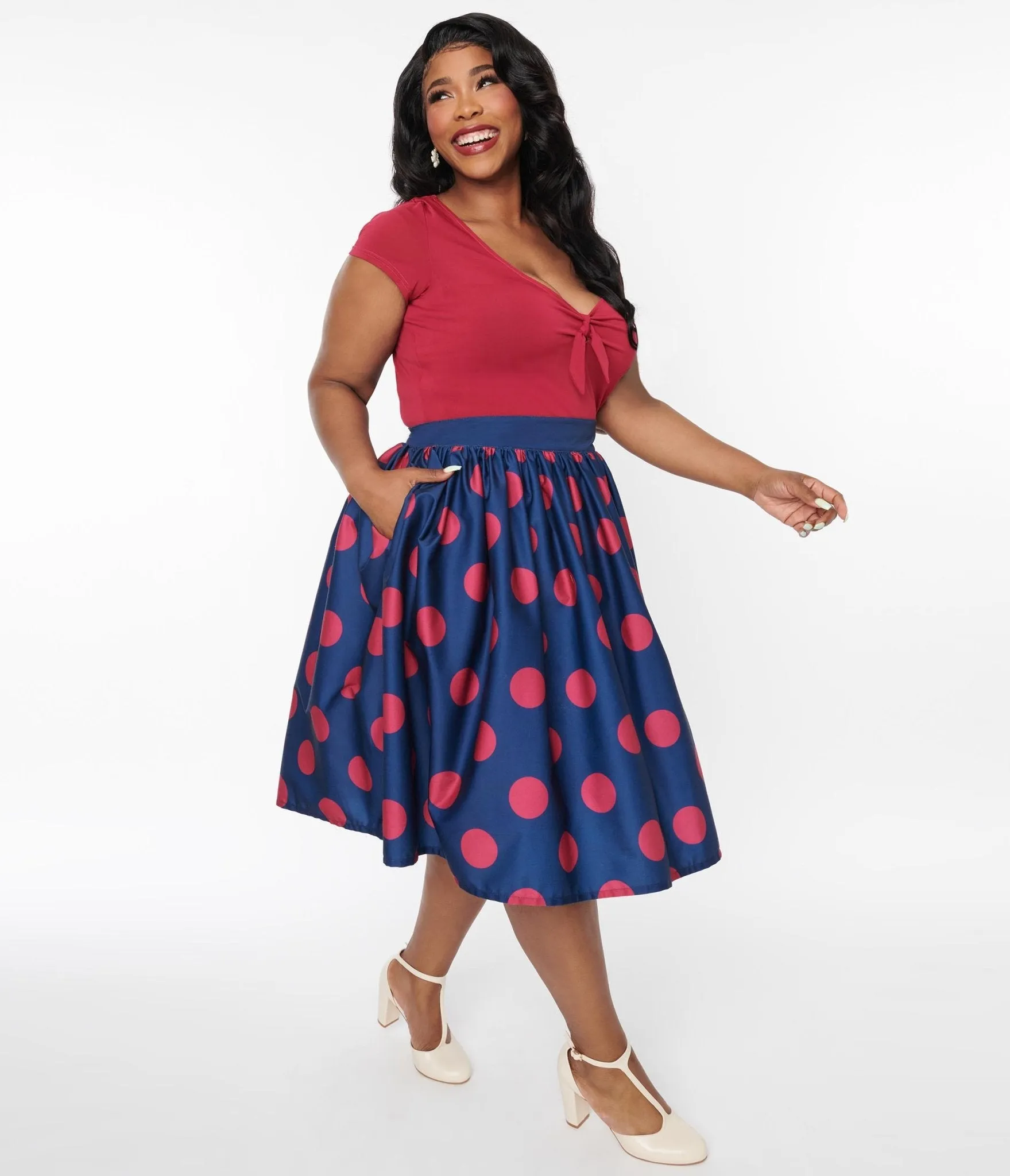 Unique Vintage Navy & Berry Polka Dot Gellar Swing Skirt Comfortable Travel Wear