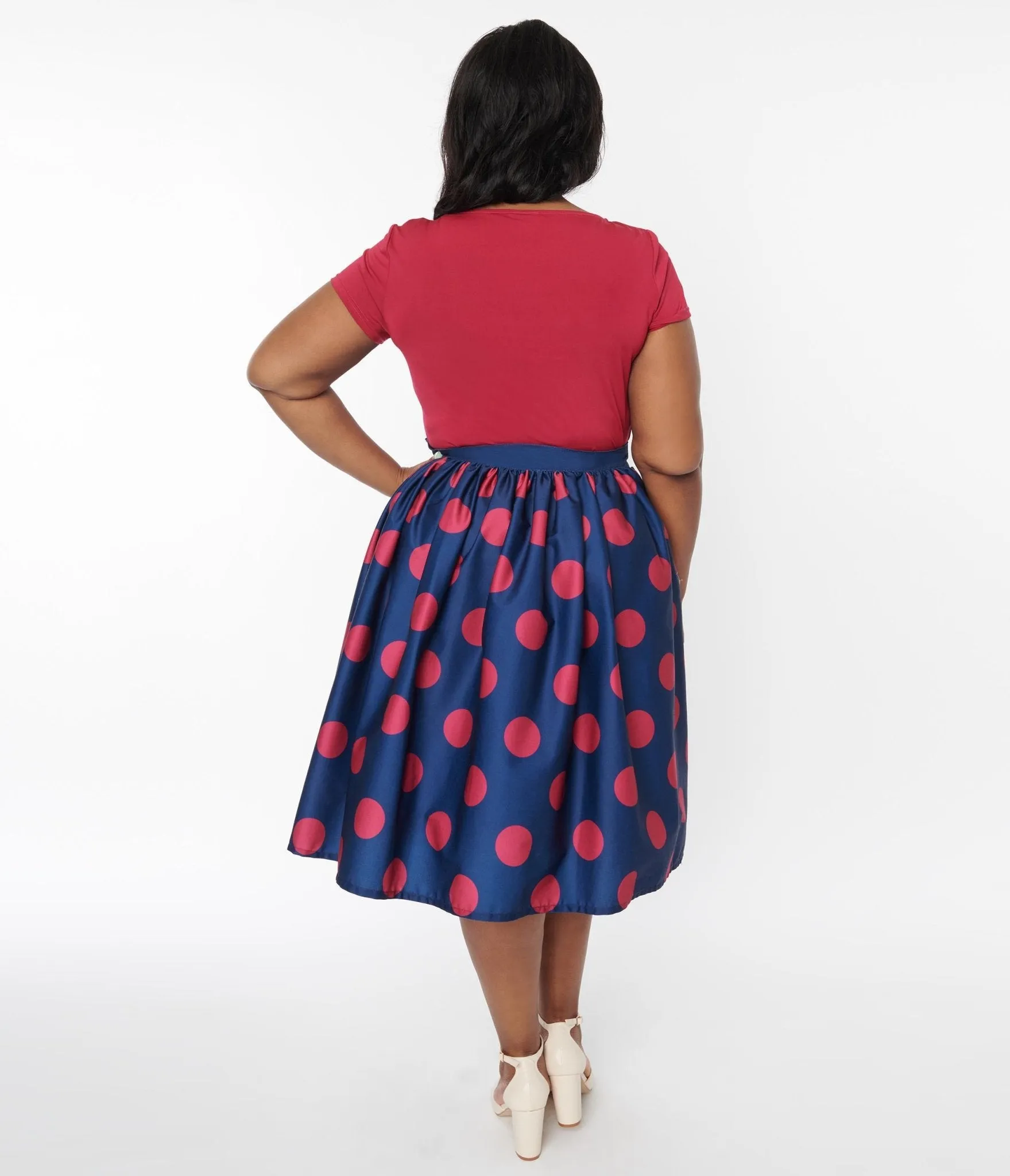Unique Vintage Navy & Berry Polka Dot Gellar Swing Skirt Comfortable Travel Wear