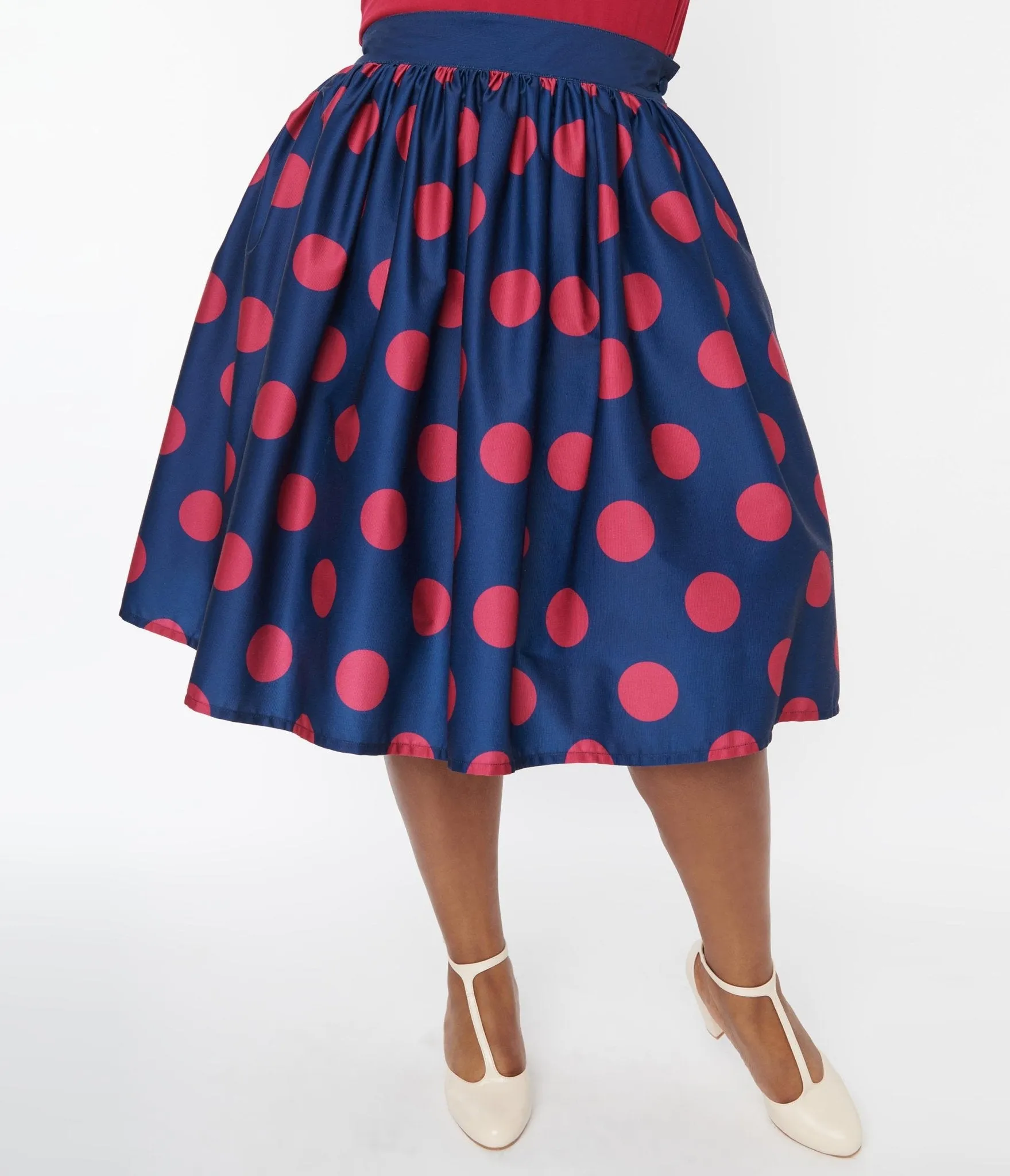Unique Vintage Navy & Berry Polka Dot Gellar Swing Skirt Comfortable Travel Wear