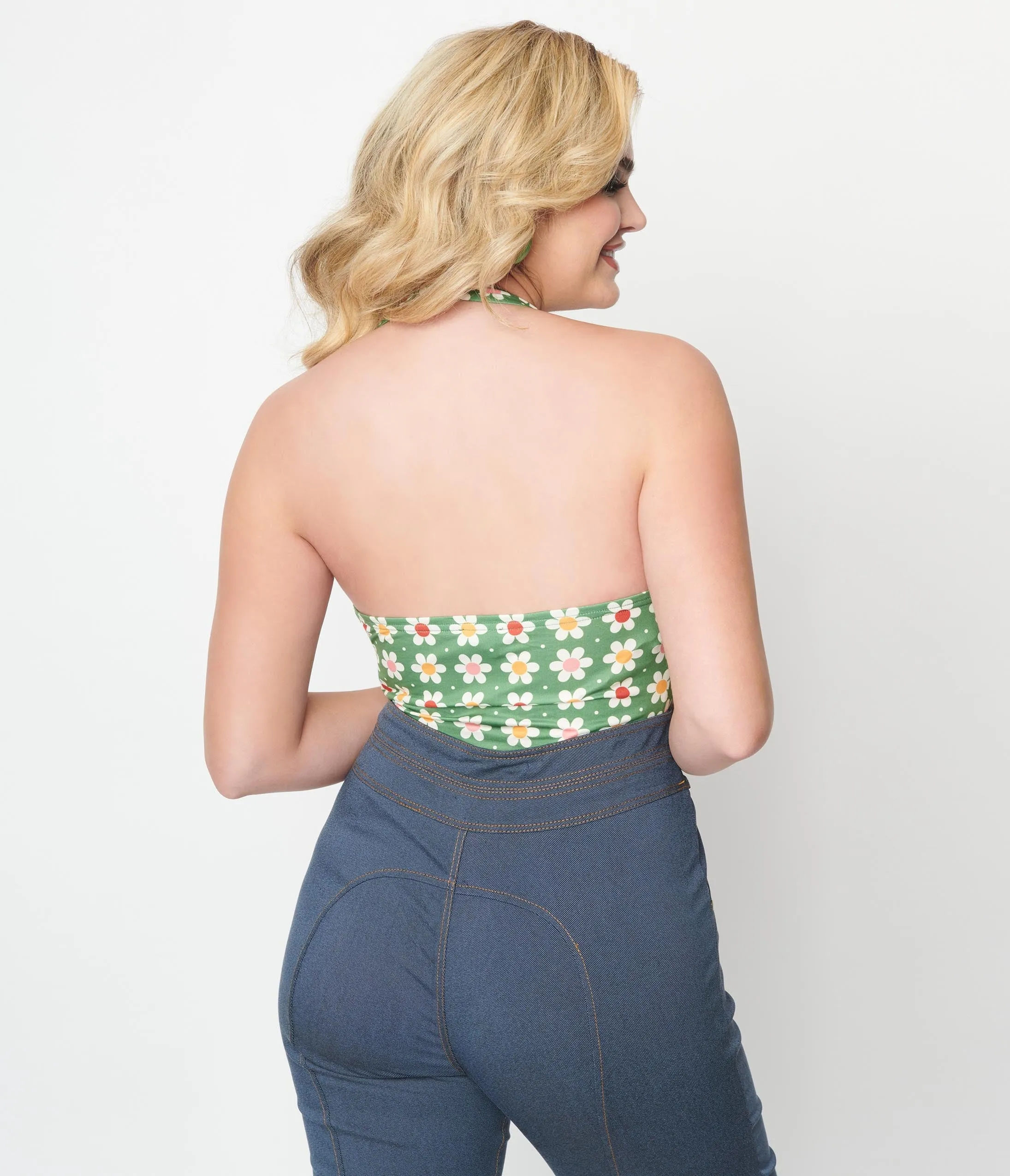 Unique Vintage Olive Green Daisy Halter Bodysuit Easy Date Night