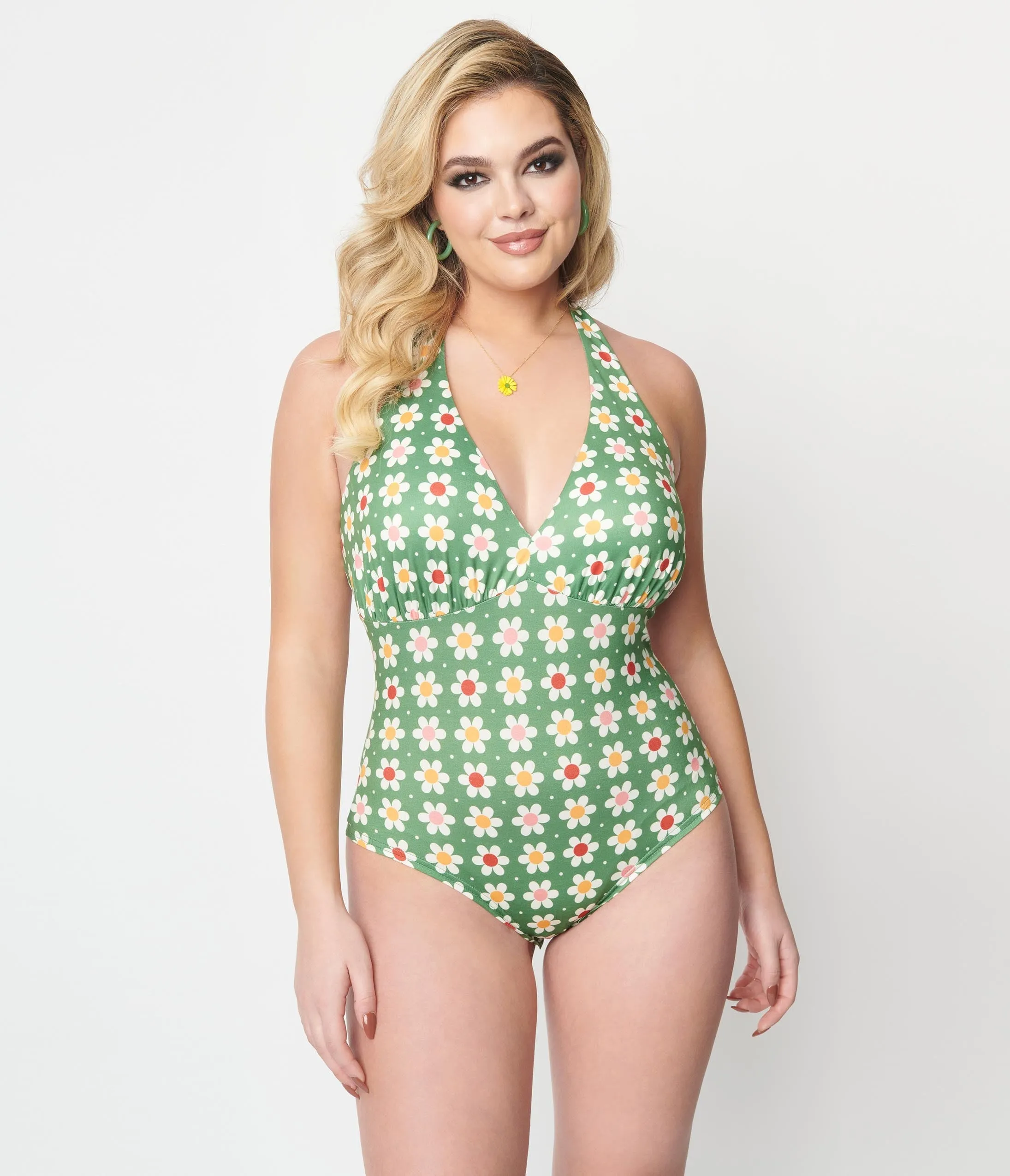 Unique Vintage Olive Green Daisy Halter Bodysuit Easy Date Night