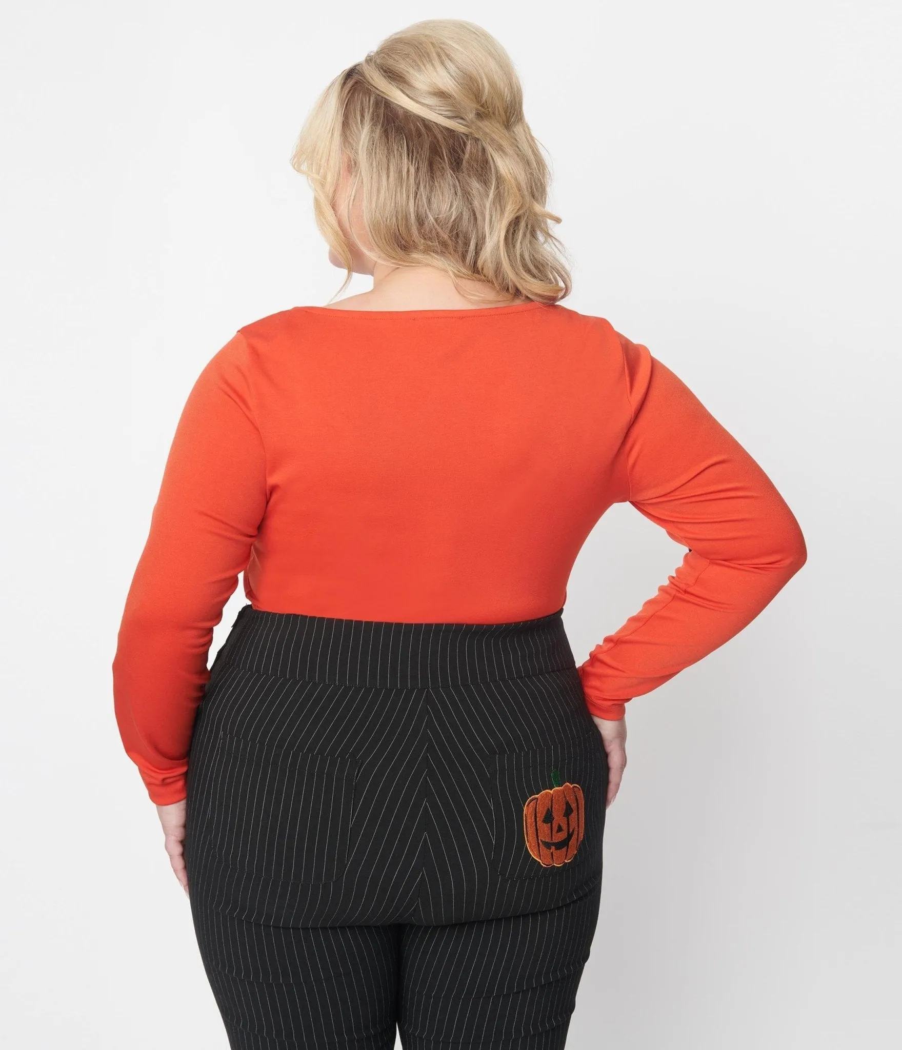 Unique Vintage Orange & Black Bat Bow Long Sleeve Top Easy Date Night