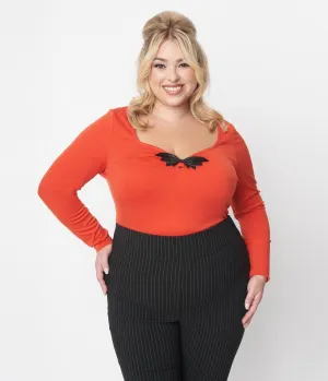Unique Vintage Orange & Black Bat Bow Long Sleeve Top Easy Date Night