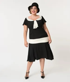 Unique Vintage Plus Size 1920s Black & Cream Wilshire Flapper Day Dress Casual Everyday Look