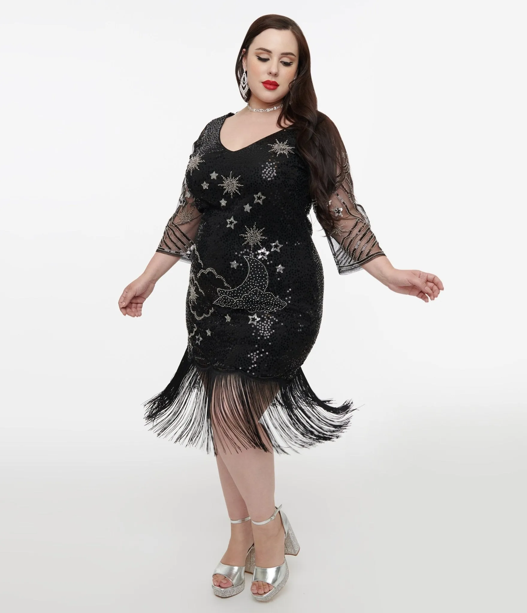 Unique Vintage Plus Size 1920s Black & Silver Moon & Stars Sequin Margaux Flapper Dress Casual Everyday Look