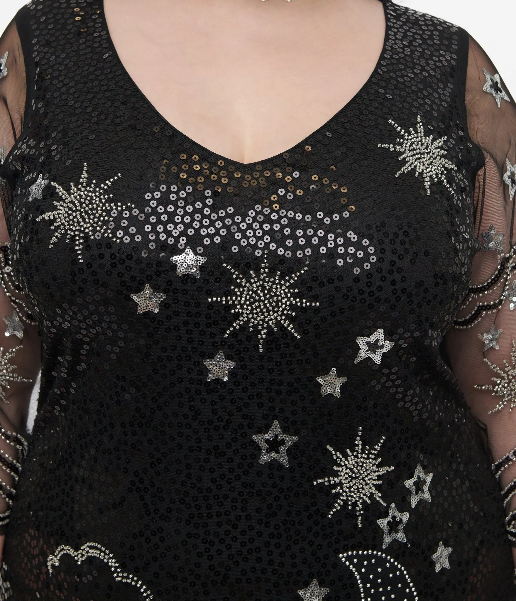 Unique Vintage Plus Size 1920s Black & Silver Moon & Stars Sequin Margaux Flapper Dress Casual Everyday Look