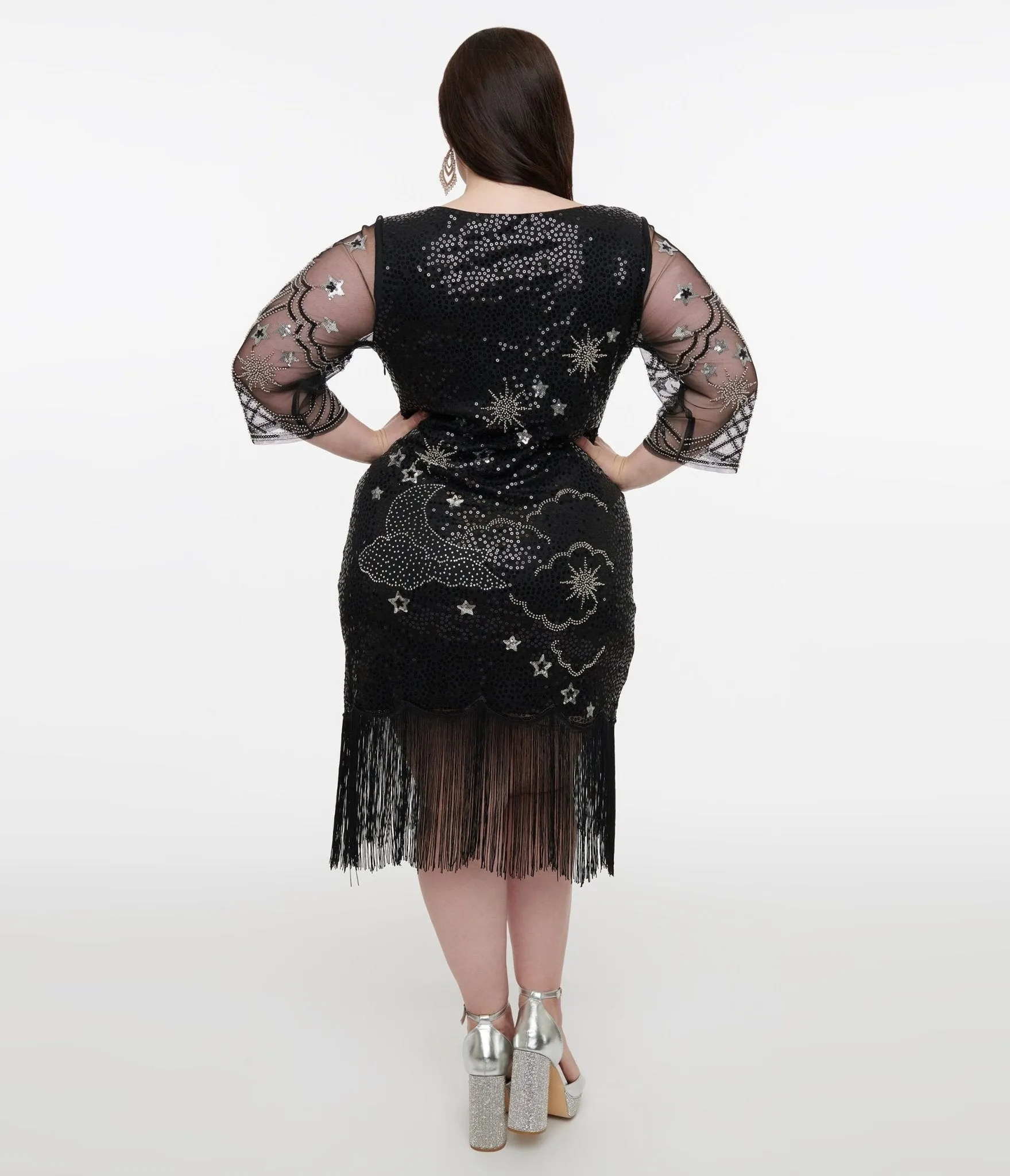Unique Vintage Plus Size 1920s Black & Silver Moon & Stars Sequin Margaux Flapper Dress Casual Everyday Look