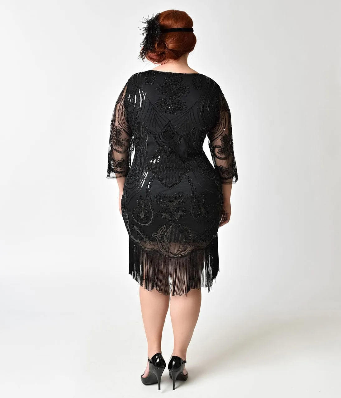 Unique Vintage Plus Size 1920s Black Beaded & Sequin Margaux Sleeved Fringe Flapper Dress Casual Everyday Look