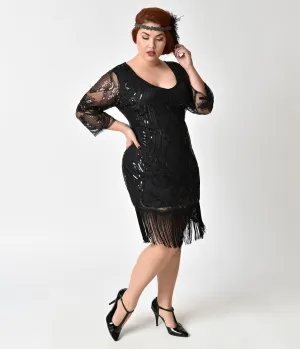 Unique Vintage Plus Size 1920s Black Beaded & Sequin Margaux Sleeved Fringe Flapper Dress Casual Everyday Look