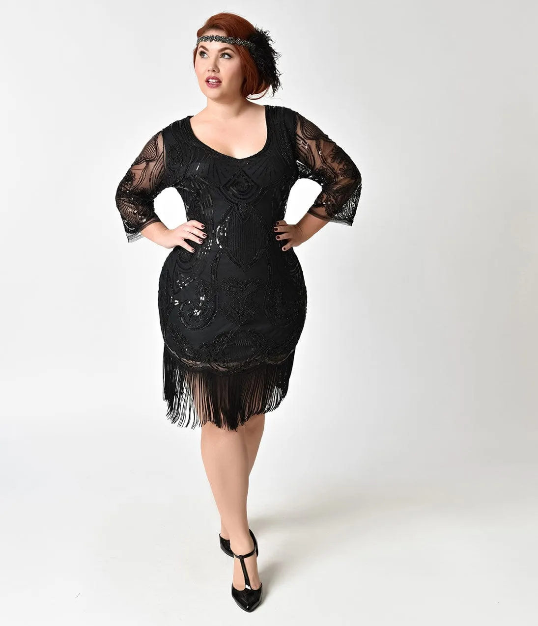 Unique Vintage Plus Size 1920s Black Beaded & Sequin Margaux Sleeved Fringe Flapper Dress Casual Everyday Look