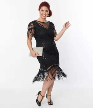 Unique Vintage Plus Size 1920s Black Beaded Fringe Sleeve Nadine Flapper Dress Casual Everyday Look