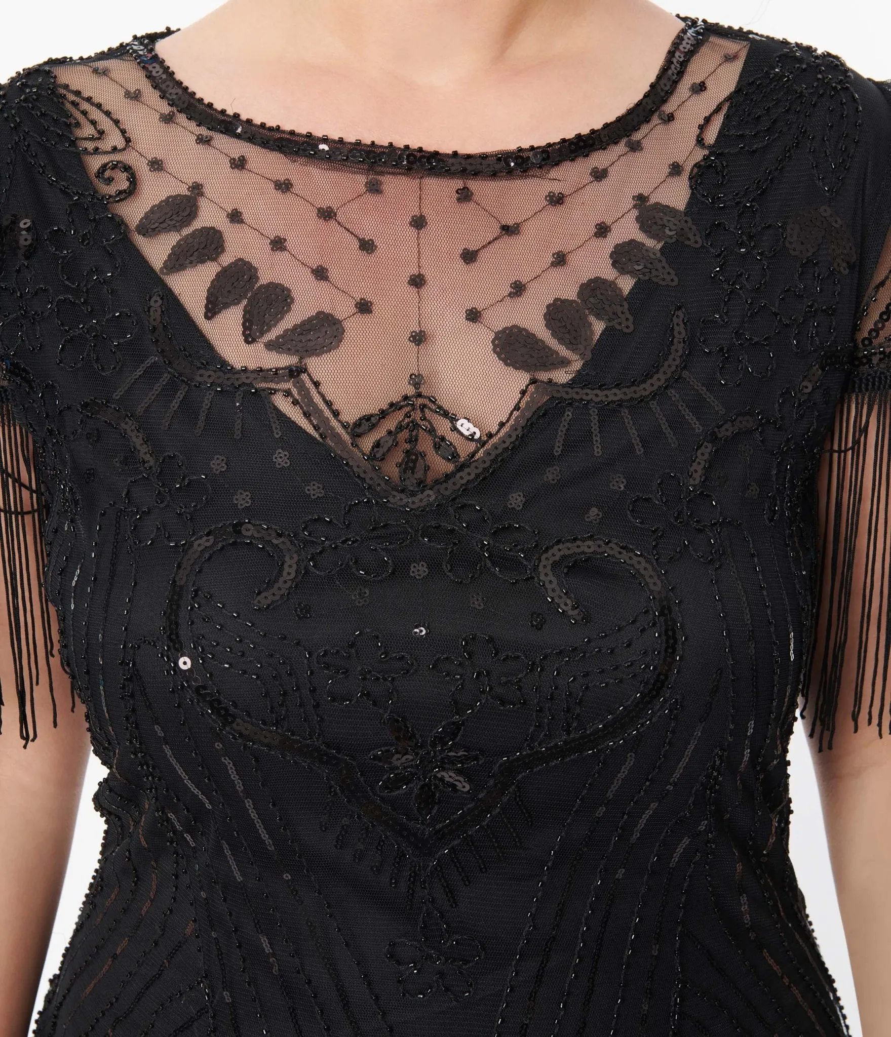 Unique Vintage Plus Size 1920s Black Beaded Fringe Sleeve Nadine Flapper Dress Casual Everyday Look