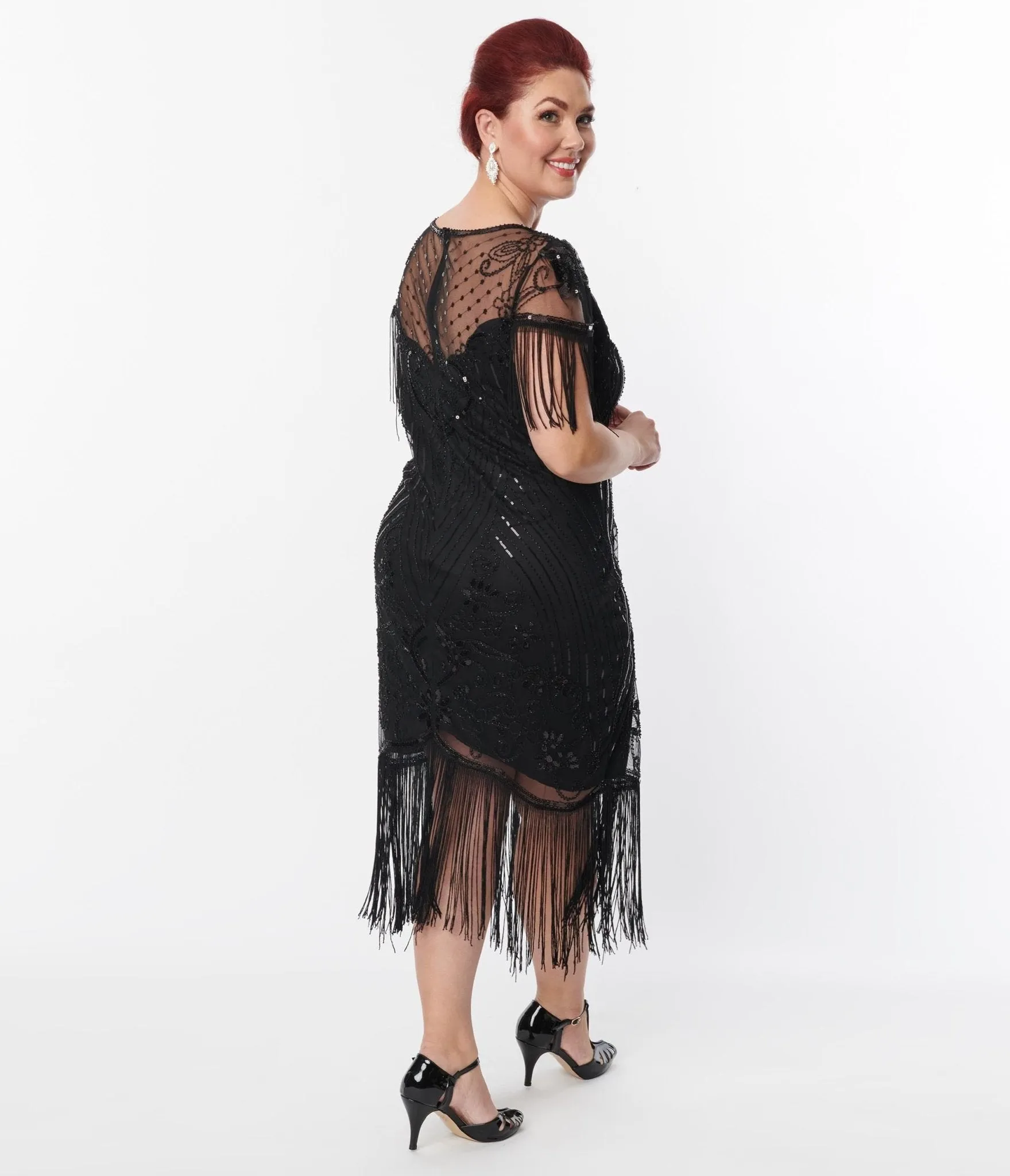 Unique Vintage Plus Size 1920s Black Beaded Fringe Sleeve Nadine Flapper Dress Casual Everyday Look