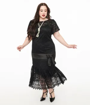 Unique Vintage Plus Size 1920s Black Floral Lace & Bow Flapper Dress Casual Everyday Look