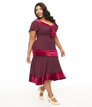 Unique Vintage Plus Size 1920s Burgundy Wilshire Flapper Day Dress Casual Everyday Look