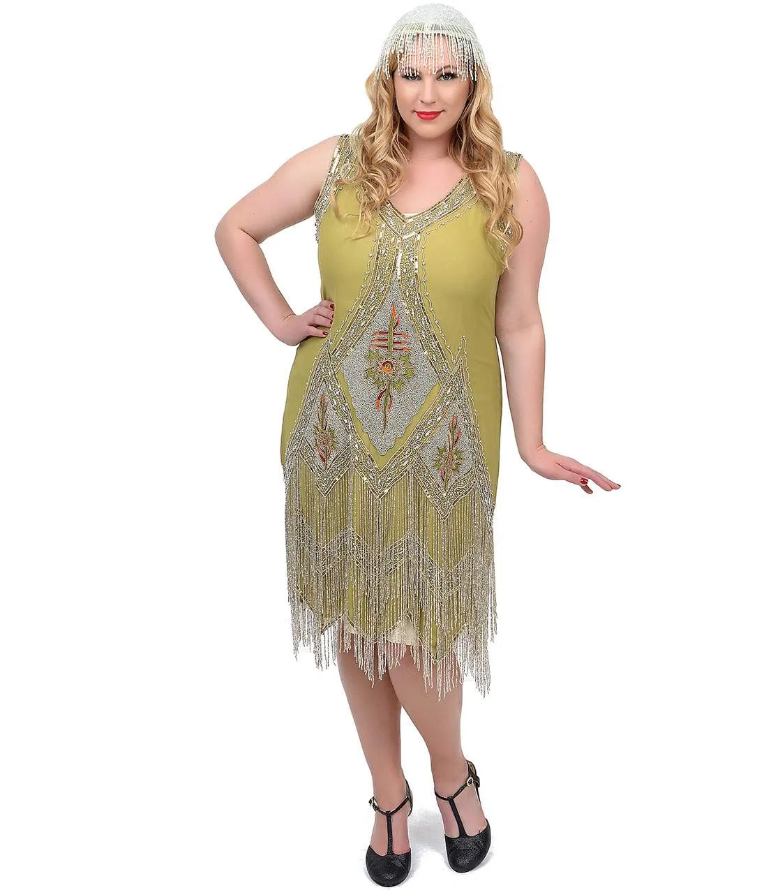 Unique Vintage Plus Size 1920s Green & Silver Embroidered & Hand Beaded Somerset Flapper Dress Party Look