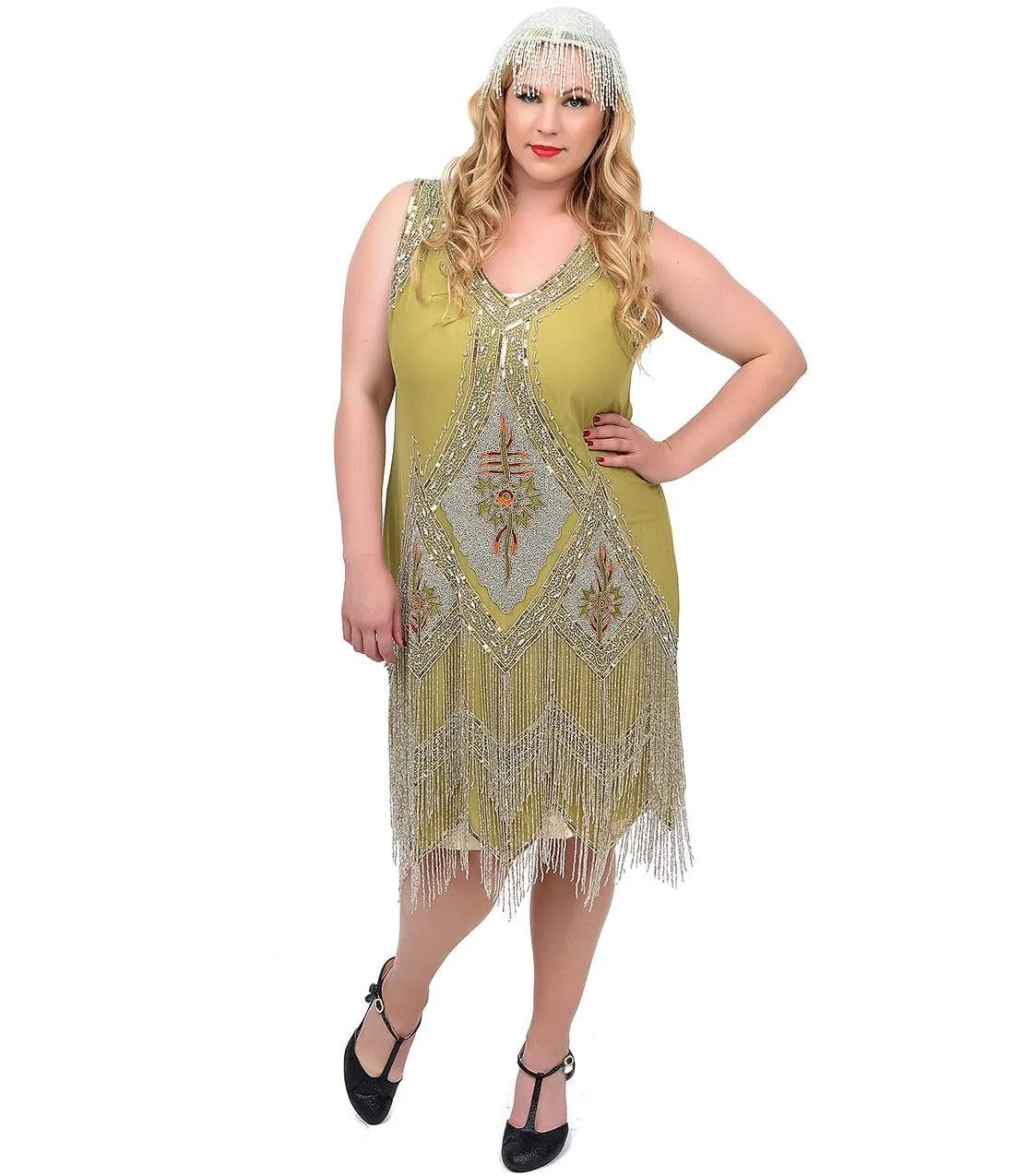 Unique Vintage Plus Size 1920s Green & Silver Embroidered & Hand Beaded Somerset Flapper Dress Party Look