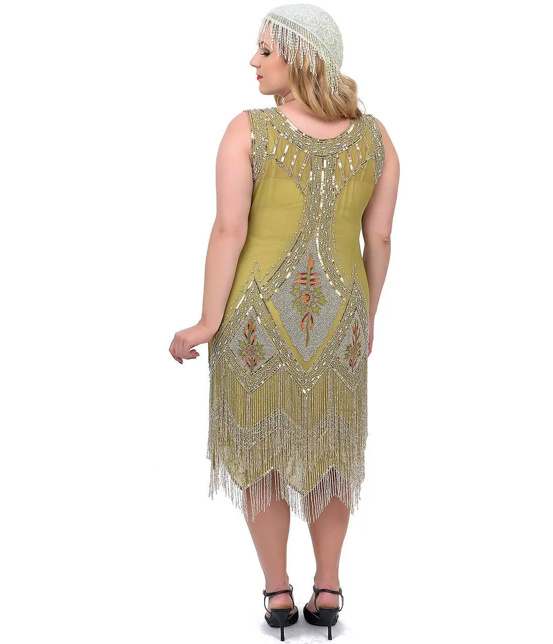Unique Vintage Plus Size 1920s Green & Silver Embroidered & Hand Beaded Somerset Flapper Dress Party Look