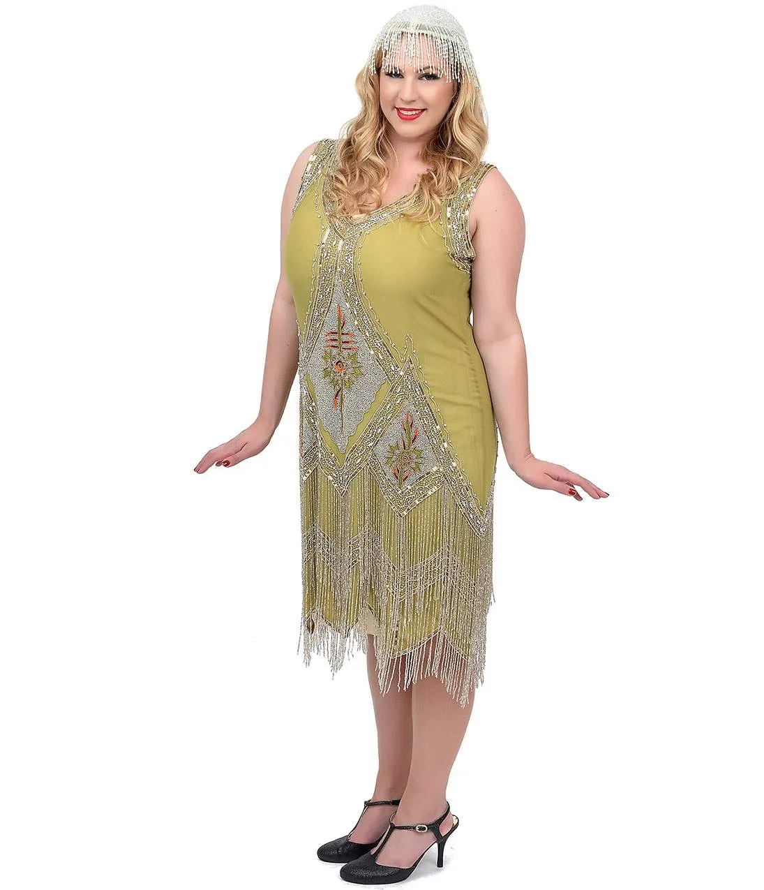 Unique Vintage Plus Size 1920s Green & Silver Embroidered & Hand Beaded Somerset Flapper Dress Party Look