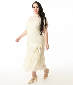 Unique Vintage Plus Size 1920s Ivory Lace & Bow Flapper Dress Casual Everyday Look