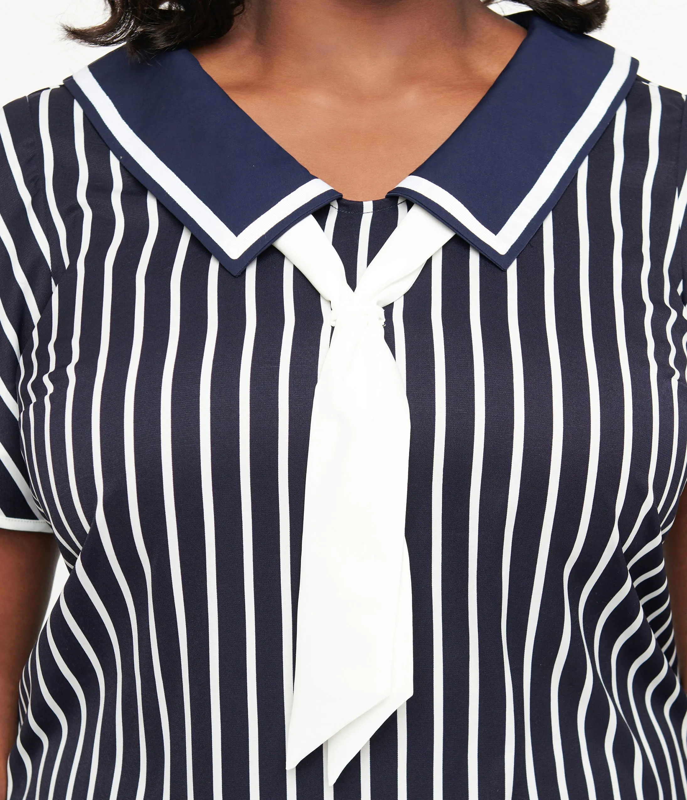 Unique Vintage Plus Size 1920s Navy & White Striped Flapper Dress Party Look