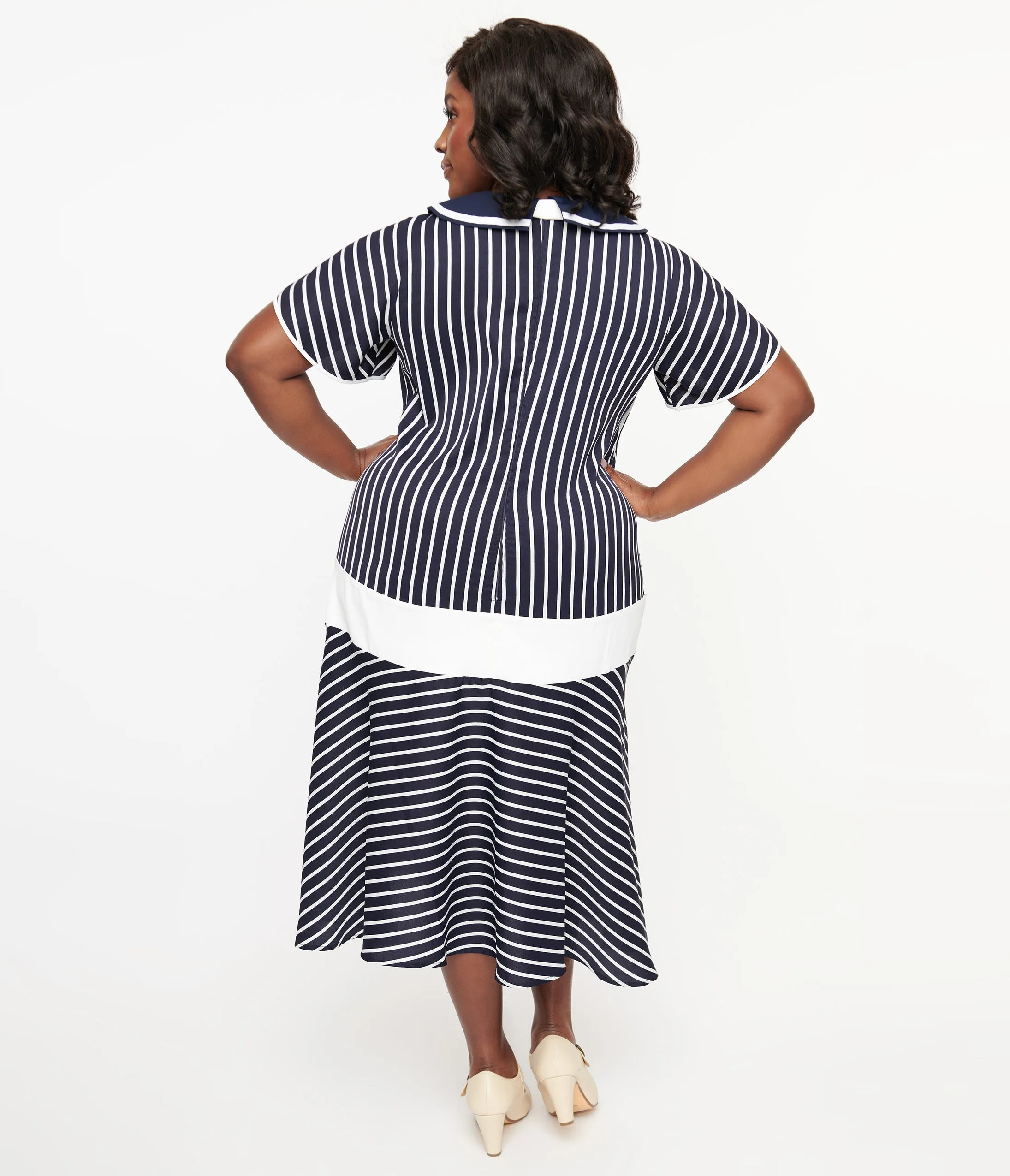 Unique Vintage Plus Size 1920s Navy & White Striped Flapper Dress Party Look