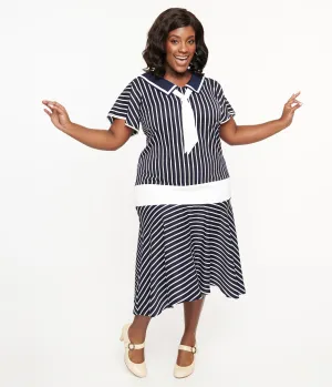 Unique Vintage Plus Size 1920s Navy & White Striped Flapper Dress Party Look