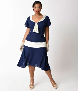 Unique Vintage Plus Size 1920s Navy Blue & Ivory Wilshire Flapper Day Dress Casual Everyday Look