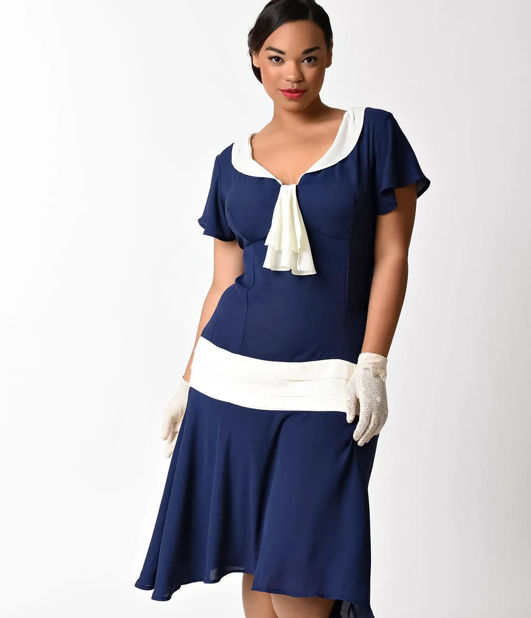 Unique Vintage Plus Size 1920s Navy Blue & Ivory Wilshire Flapper Day Dress Casual Everyday Look