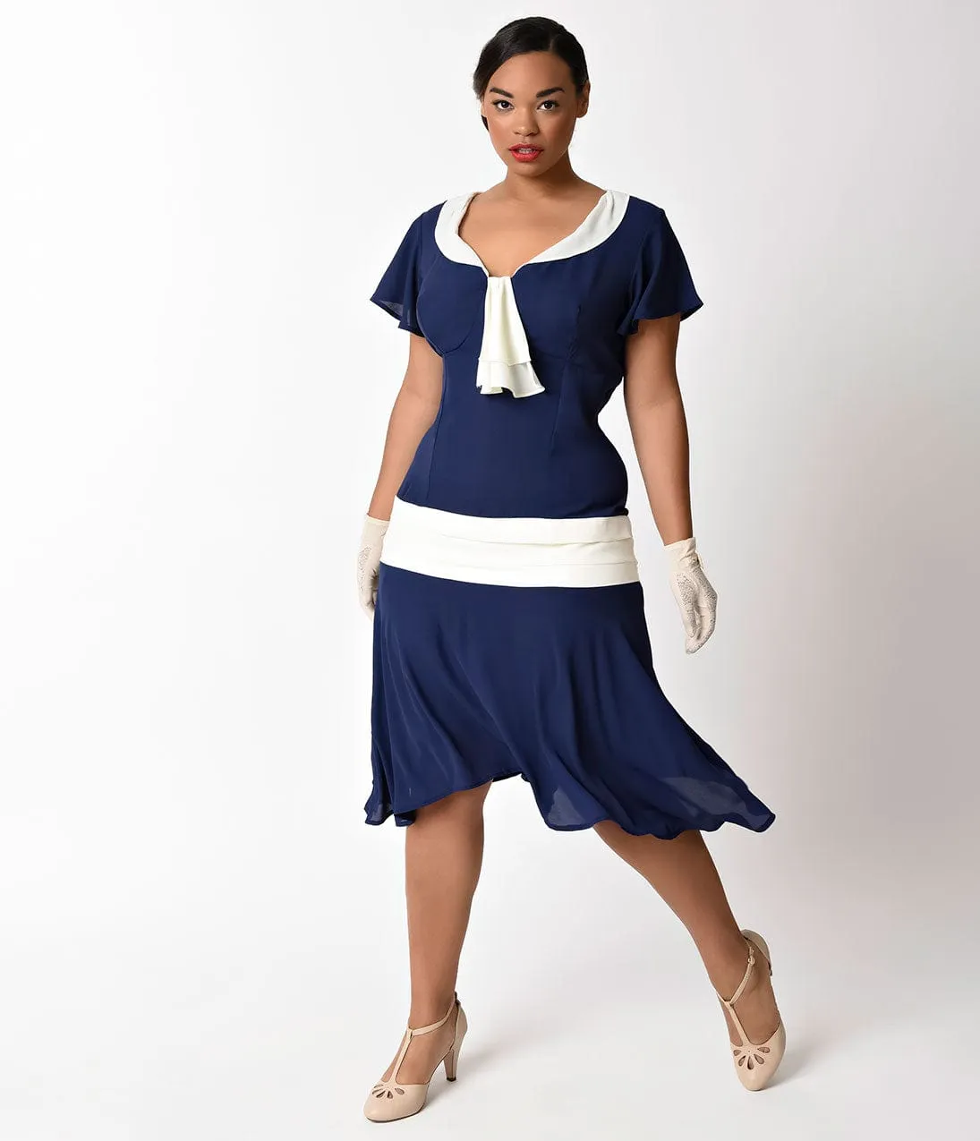 Unique Vintage Plus Size 1920s Navy Blue & Ivory Wilshire Flapper Day Dress Casual Everyday Look