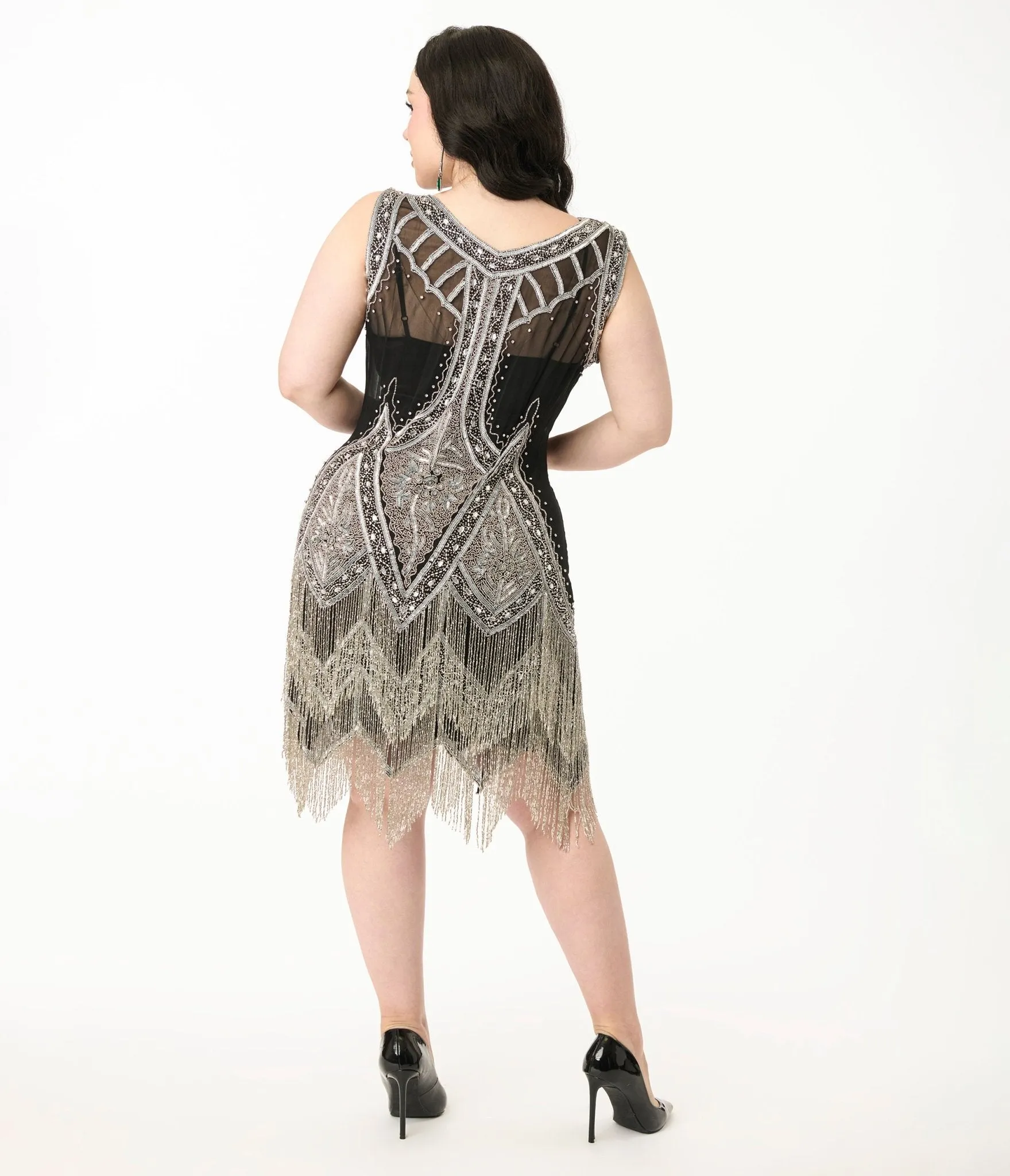 Unique Vintage Plus Size 1920s Silver & Black Embroidered & Hand Beaded Somerset Flapper Dress Casual Everyday Look