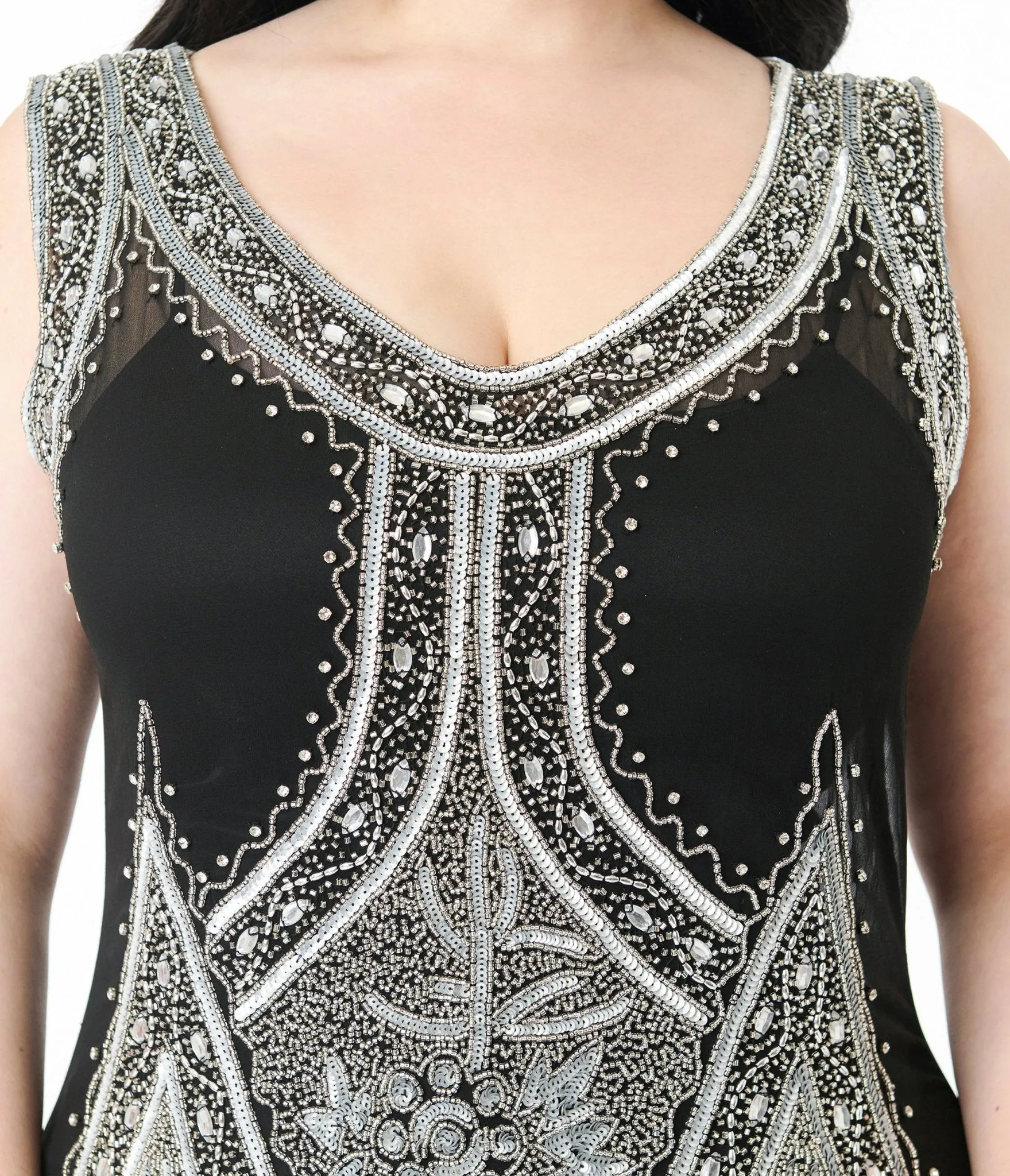 Unique Vintage Plus Size 1920s Silver & Black Embroidered & Hand Beaded Somerset Flapper Dress Casual Everyday Look