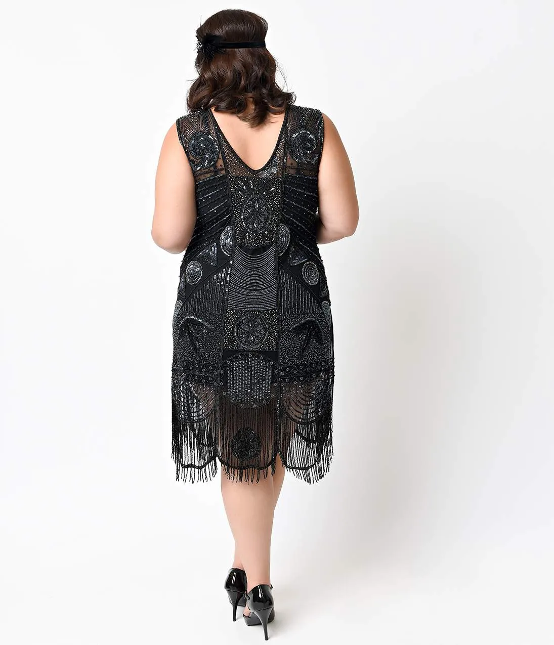 Unique Vintage Plus Size 1920s Style Black Hand Beaded Fringe Bosley Flapper Dress Party Look
