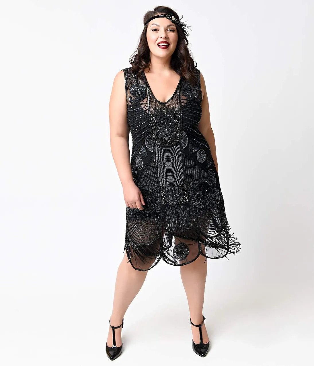 Unique Vintage Plus Size 1920s Style Black Hand Beaded Fringe Bosley Flapper Dress Party Look